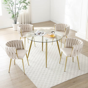 English Elm Modern Velvet Dining Chairs Set of 2 with Woven Backrest and Gold Metal Legs, Elegant Arc Design for Home Beige W1117P209795
