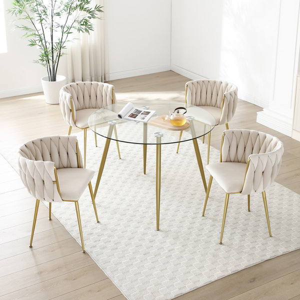 English Elm Modern Velvet Dining Chairs Set of 2 with Woven Backrest and Gold Metal Legs, Elegant Arc Design for Home Beige W1117P209795