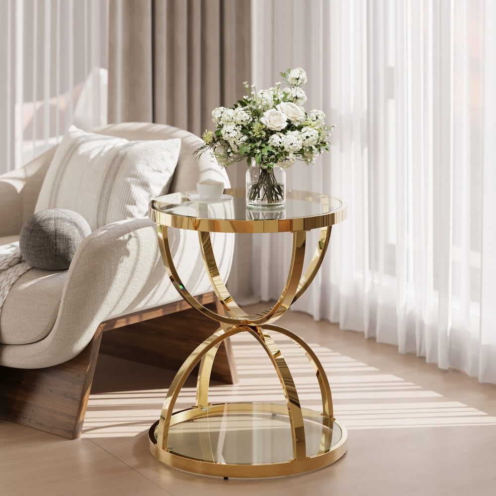 English Elm 19.69'' Round Chrome Side Table Dual Tier Gray Tempered Glass Glam Modern Accent W757P412810