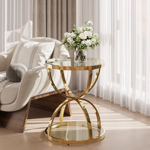 English Elm 19.69'' Round Chrome Side Table Dual Tier Gray Tempered Glass Glam Modern Accent W757P412810