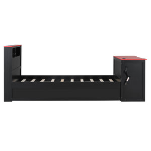 English Elm Twin Wood Gaming Daybed with Trundle Built-in Desk Rgb Lighting and Usb Port Black+Red LT000283AAR