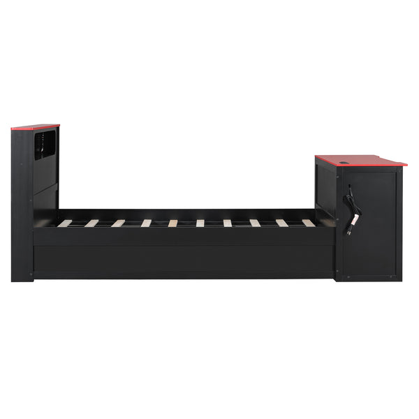 English Elm Twin Wood Gaming Daybed with Trundle Built-in Desk Rgb Lighting and Usb Port Black+Red LT000283AAR