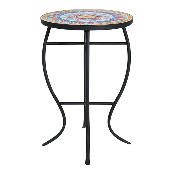 English Elm Outdoor Mosaic Ceramic Tile Round Side Table with Curved Wrought Iron Patio Accent Red+Black N773P365597R