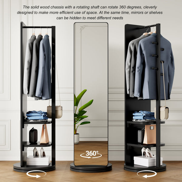 English Elm 360° Swivel Full Length Mirror with Coat Hooks Solid Rubberwood Frame Bedroom Entryway W2987P225480