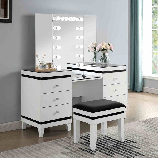 English Elm Contemporary Glam Vanity with Rhinestone Trim and Tempered Glass Top, High Gloss Finish, Illuminated Appeal Black,White 38 L x 23 W x 35 H B2741S00684