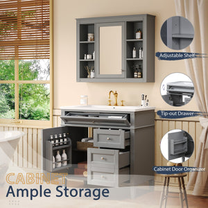 English Elm 36'' Modern Bathroom Vanity Set With Mirror, 2 Soft-Close Drawers, & 6 Open Shelves For Storage N710S236006E