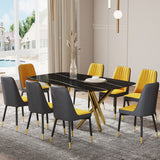 Hearth and Haven Large Modern Minimalist Rectangular Dining Table with 0.39 "Imitation Marble Black Desktop and Gold Metal Legs, Paired with 8 Chairs with Leatherette Cushions and Black Metal Legs.F-1538 C-007 W1151S00879 W1151S00879