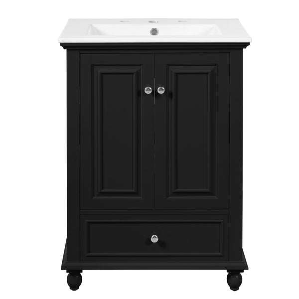 English Elm 24'' French Style Bathroom Vanity with Ceramic Sink Soft Close Cabinet and Drawer Black N710P411227B