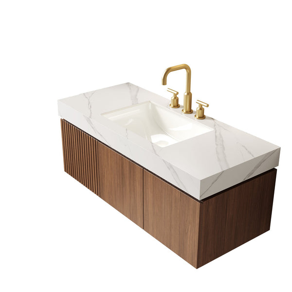 English Elm Muri Floating Bathroom Vanity Plywood Cabinet Sintered Stone Top Oak Woodgrain W2615S00628