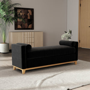 English Elm 66.34 Inch Sherpa Fleece Bench with Fluted Wood Legs Bolster Pillows Mid-century Lounge Black+Natural W1658P445920