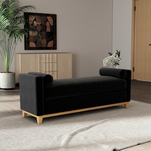 English Elm 66.34 Inch Sherpa Fleece Bench with Fluted Wood Legs Bolster Pillows Mid-century Lounge Black+Natural W1658P445920