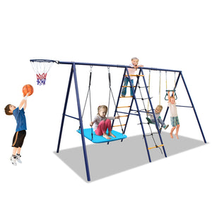 English Elm 6 in 1 Steel A-frame Backyard Swing Set with Climbing Net Trapeze Hammock and Hoop W1408P367263
