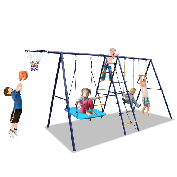 English Elm 6 in 1 Steel A-frame Backyard Swing Set with Climbing Net Trapeze Hammock and Hoop W1408P367263