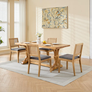 English Elm Farmhouse Rattan Dining Chairs Set of 2 — Mid-Century Cane Back, Solid Wood Frame, Linen Upholstery, Supportive Comfort Gray W1143P332690