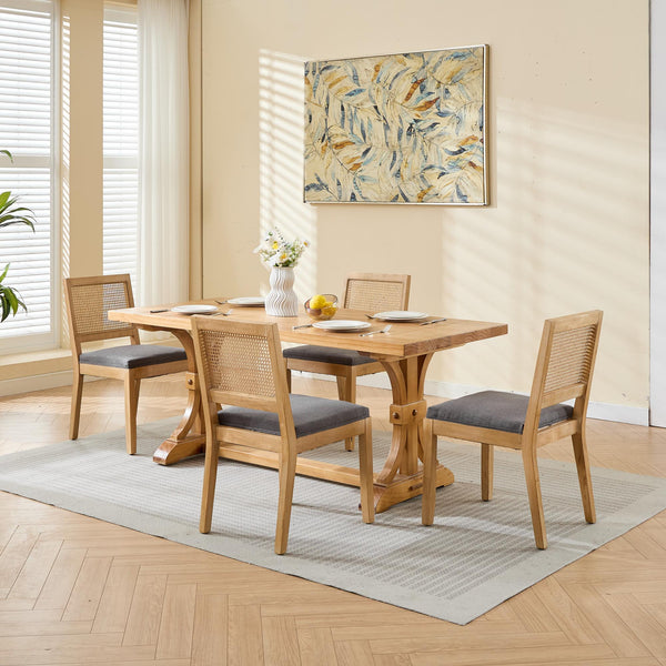 English Elm Farmhouse Rattan Dining Chairs Set of 2 — Mid-Century Cane Back, Solid Wood Frame, Linen Upholstery, Supportive Comfort Gray W1143P332690