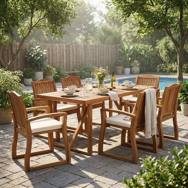 English Elm 7 Piece Solid Acacia Outdoor Dining Set Teak Finish Six Chairs Cream Cushions Patio N762S000046AAA