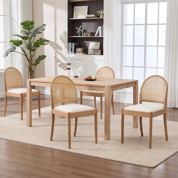 English Elm Rattan Backrest Dining Chairs Set of 2 Teddy Fabric Cushion Solid Wood Legs Kitchen Beige W3244P475485