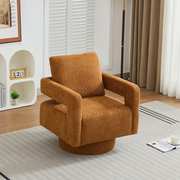 English Elm 29.13" Swivel Accent Chair — Modern Bouclé Rotating Lounge Chair with Removable Cushion, Solid Wood Frame, Cozy Design Caramel W1852P211990