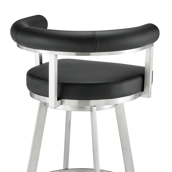 English Elm Pryden 30" Swivel Bar Stool Brushed Stainless & Black Faux Leather — 360° Swivel, Easy-Clean Comfort B2736P354321