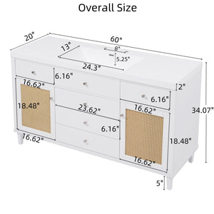 English Elm Christopher Knight Home® - 60" Modern Bathroom Vanity with Durable SMC Sink, Rattan Doors, Soft-Close Drawers, Pine Legs White N817P296130W