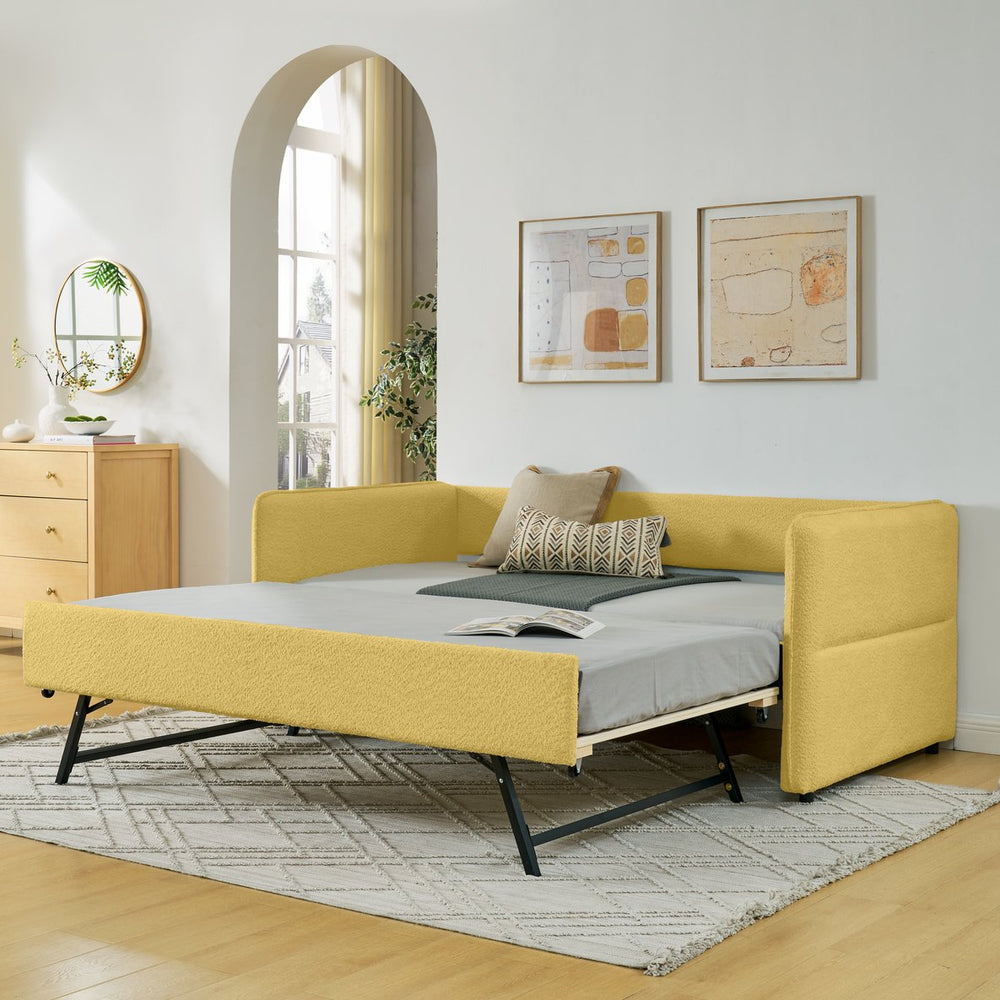 English Elm Daybed Boucle Upholstered Tufted Twin Trundle Sofa for Guest Bedroom Studio Lounge Yellow W1413S00174