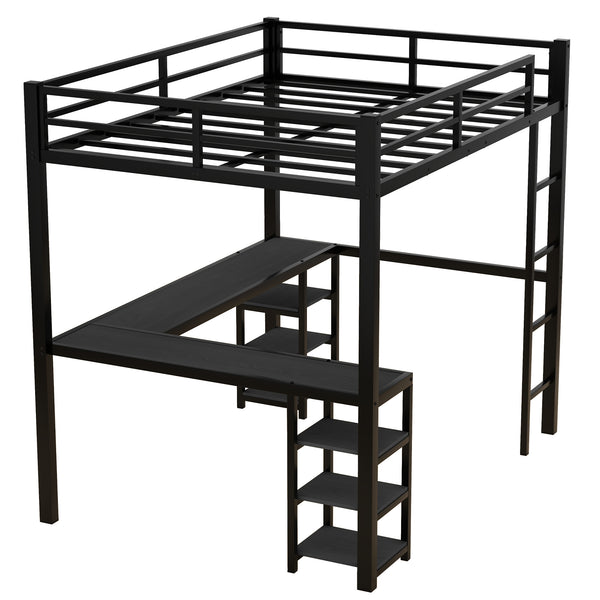 English Elm Full Metal Loft Bed With Desk & Shelves - Space-Saving Design, Safety Guardrails, Modern Black Frame W1580S00049