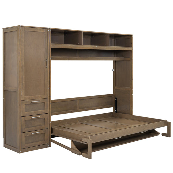English Elm Full Full Size Murphy Bed with Wardrobe, Drawers & Open Shelves in Antique Wood—Space Saving Solution GX000388AAE