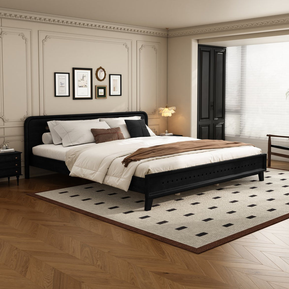 English Elm Pine Solid Wood King Bed Matte Finish Platform Frame Tall Headboard No Box Spring Black N770PK291028B