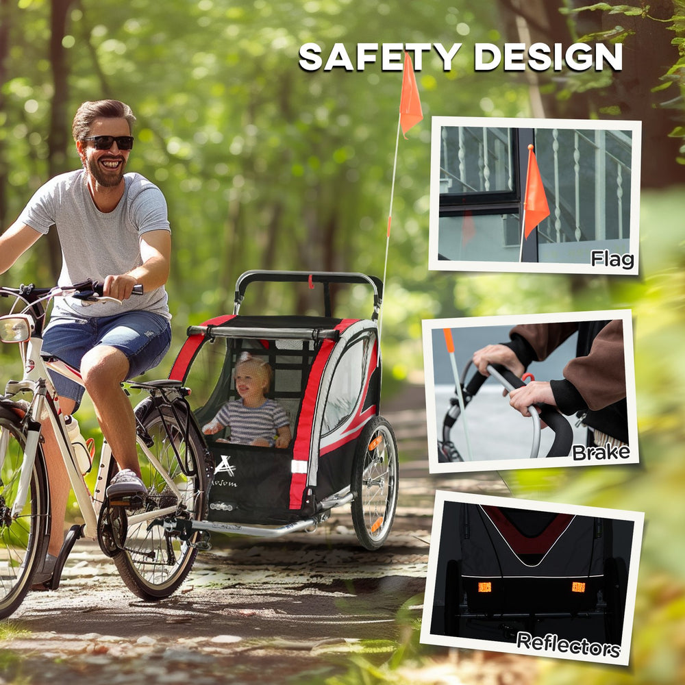 English Elm Aosom 2-in-1 Walk Ride Kids Bike Trailer & Stroller, 2-Seat Weatherproof Wagon with Flag, Red W2225P216990