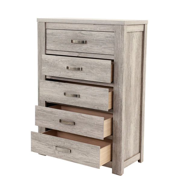 English Elm Bedroom Rustic Light Grey 5-Drawer Chest of Drawers — Compact Pine Storage Cabinet, Simple Stylish Design B011P236771
