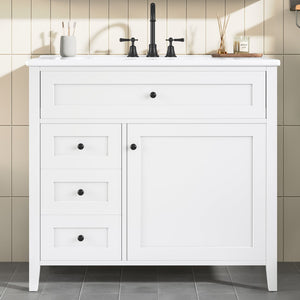 English Elm 36-Inch White Bathroom Vanity With Sink, Modern Mdf & Rubberwood, 3 Drawers & Adjustable Shelf Storage N725P350821K