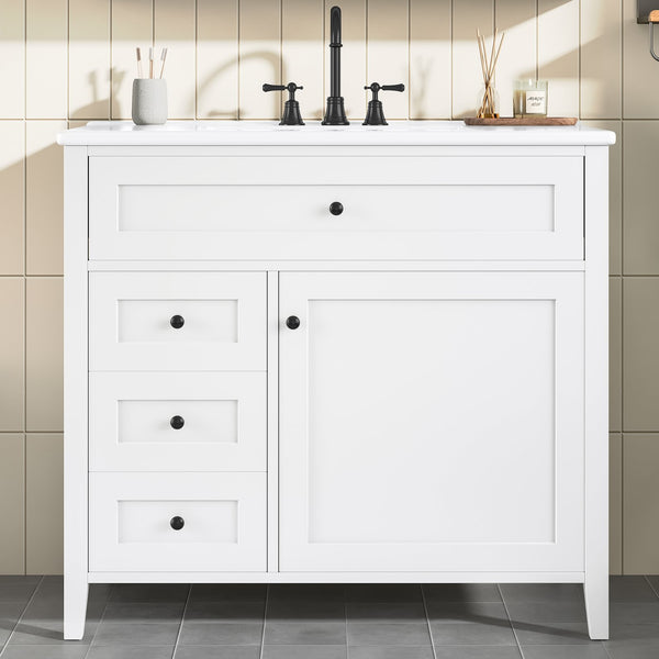 English Elm 36-Inch White Bathroom Vanity With Sink, Modern Mdf & Rubberwood, 3 Drawers & Adjustable Shelf Storage N725P350821K