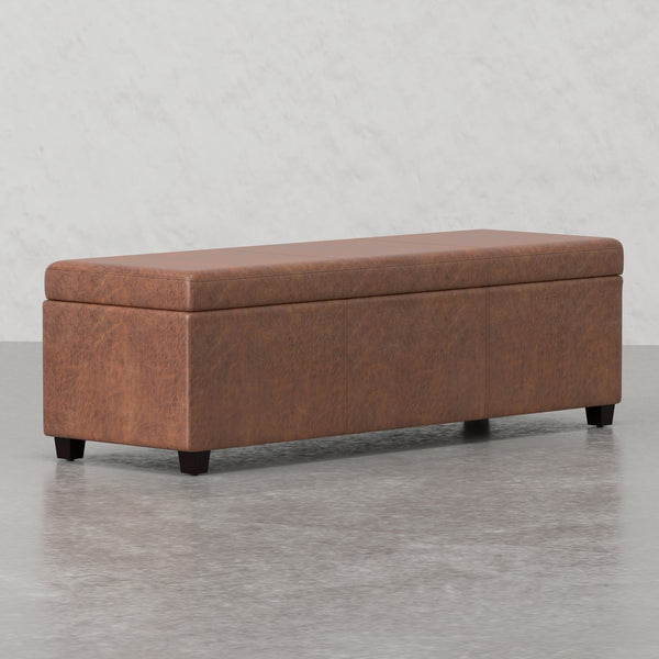 English Elm Lincoln Extra Large Storage Ottoman Bench with Distressed Saddle Brown Vegan Leather, 54" Wide, Stitched Design, Child-Safe Hinge B2732P253623