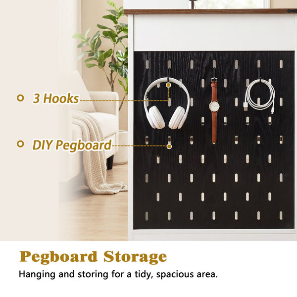 English Elm 55" Farmhouse Writing Desk with Cabinet Charging Station Pegboard and Monitor Stand White W2917S00008