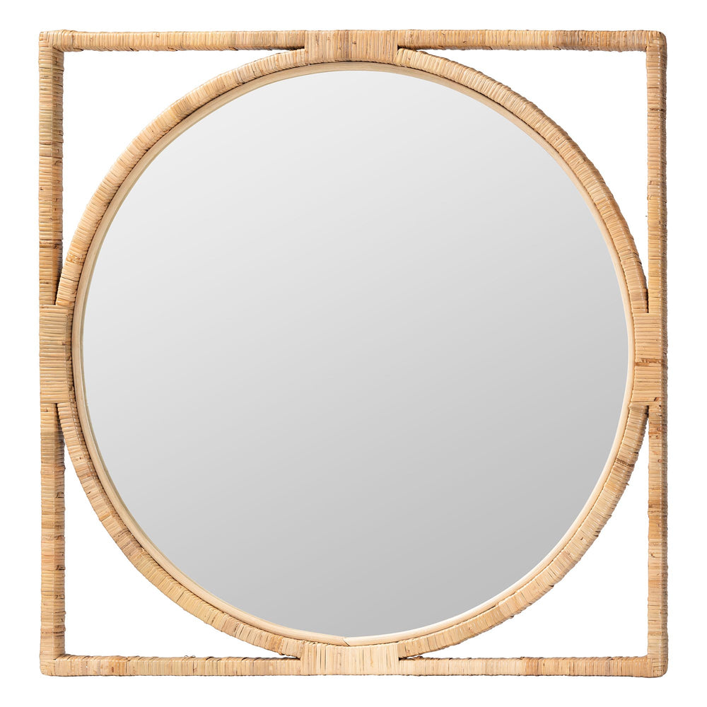 English Elm Japandi Round Rattan Wall Mirror Openwork Square Frame Organic Handcrafted Accent B2750P420418