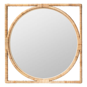 English Elm Japandi Round Rattan Wall Mirror Openwork Square Frame Organic Handcrafted Accent B2750P420418