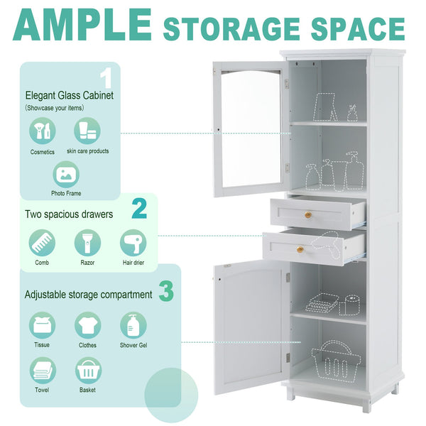 English Elm 63" Tall Bathroom Vanity Cabinet with Glass Doors, Two Drawers and Adjustable Shelves for Stylish Storage White N729P171305K