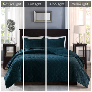 JLA Home Madison Park - 3 Velvet Quilt Set with Plush Polyester Velvet, Geometric Stitching, Antimicrobial Finish for Cozy Beds Teal MP13-4612