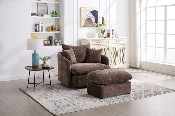 English Elm 360° 360 Swivel Oversized Chenille Armchair with Pocket Spring Seat and Three Throw Pillows Brown W1361S00049
