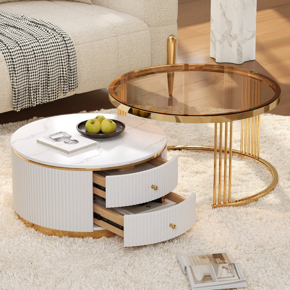 English Elm Modern Round Nesting Coffee Table Set with Gold Pedestal Legs and Storage Drawers Brown,White N735P349323D
