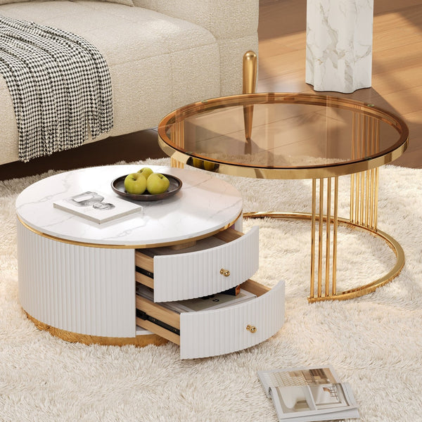 English Elm Modern Round Nesting Coffee Table Set with Gold Pedestal Legs and Storage Drawers Brown,White N735P349323D