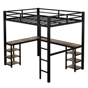 English Elm Full Metal Loft Bed With Vintage Wood Desk & Shelves - Stylish Space-Saving Solution For Bedrooms W1580S00040