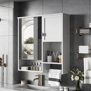 English Elm 29'' Modern Wall Mounted Medicine Cabinet with Mirror, Spacious Adjustable Shelves, Towel Bar and Durable MDF Finish White N710P209440K