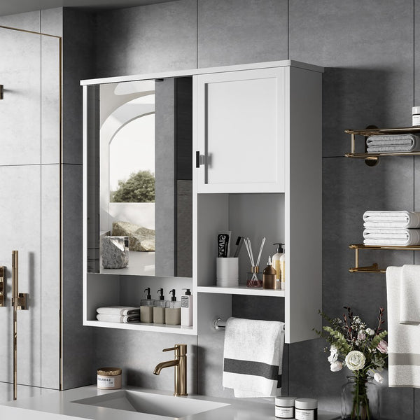 English Elm 29'' Modern Wall Mounted Medicine Cabinet with Mirror, Spacious Adjustable Shelves, Towel Bar and Durable MDF Finish White N710P209440K
