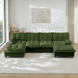 English Elm 138" U-shaped Chenille Cloud Sectional with Ottomans Deep Seat Modular Living Room Sofa Green W714S01733