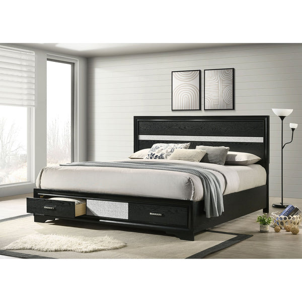 English Elm May 2-Drawer Platform Eastern King Storage Bed with Shimmery Foil Headboard and Rhinestone Pulls craftsmanship and glamour combined for dreamy modern bedroom allure Black B062S01086