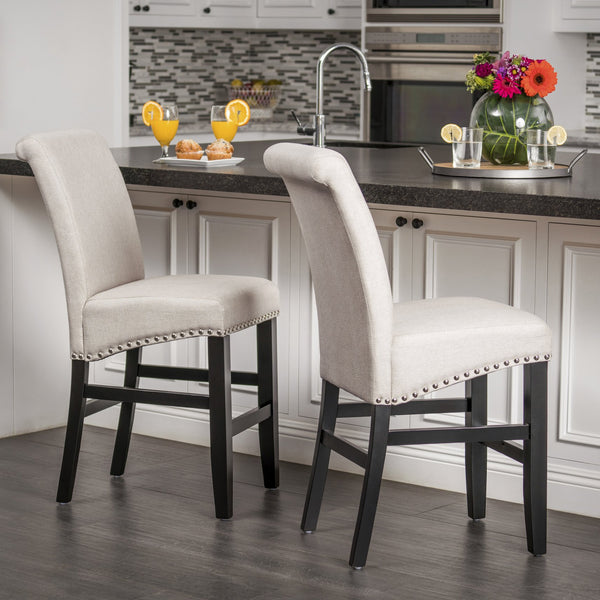 English Elm Christopher Knight Home® - 25" Contemporary Upholstered Counter Stools with Nailhead Trim, Wheat Fabric, Black Legs, Foam Comfort (Set of 2) N780P278314B