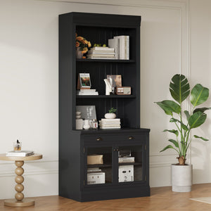 English Elm 83.4"Tall Modern Bookcase With Glass Doors & Drawer - Stylish Storage For Living Room & Office Decor N751S323419B
