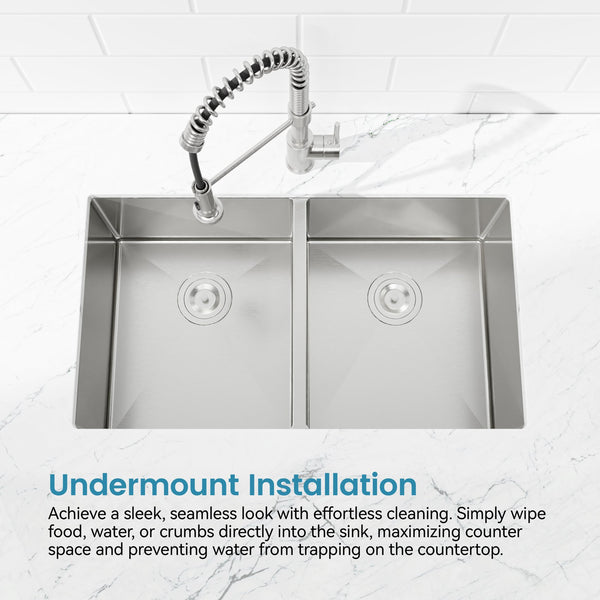 English Elm 33"x19" Handmade Stainless Steel Undermount Double Bowl Sink for Modern Kitchens T3177P296196