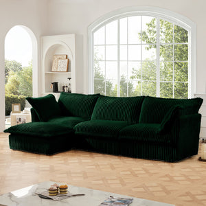 English Elm L-Shaped Slipcovered Sectional Sofa - Cloud Comfort With Convertible Ottoman, Green Corduroy & 2 Pillows W3041S00082